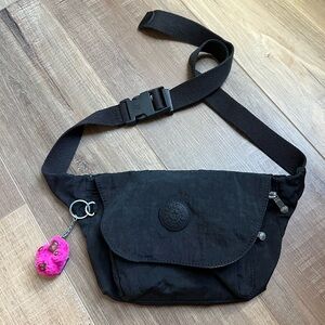 Kipling Fanny Pack Hip Waist Bag Black Nylon Belt With Pink Monkey Charm